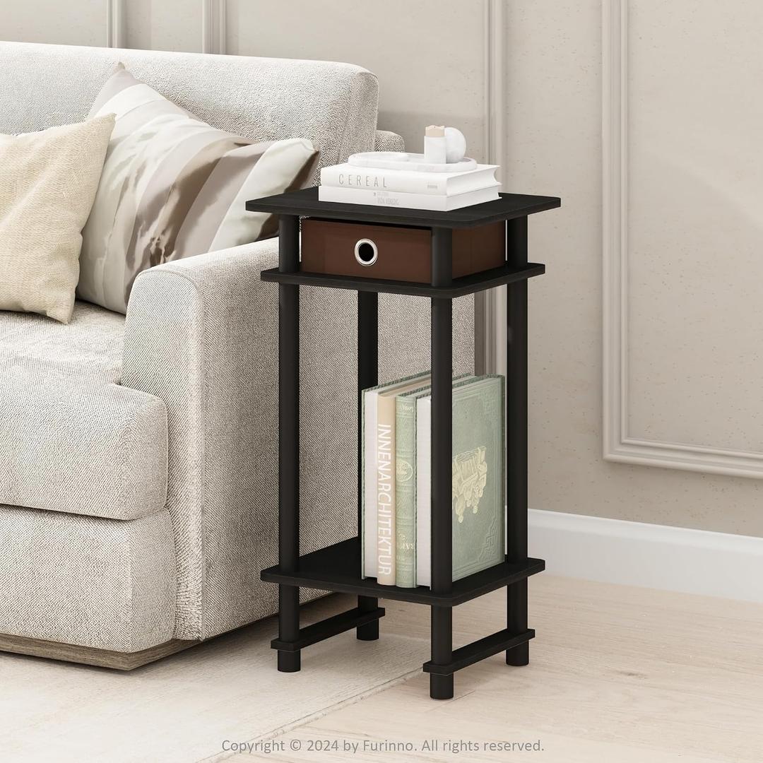 Furinno Turn-N-Tube Side Table, 3-Tier End Table with Storage Bin, Open Shelf Night Stand, Bedside Table, Toolless Assembly, for Living Room, Bedroom, Black Espresso, 1-Pack