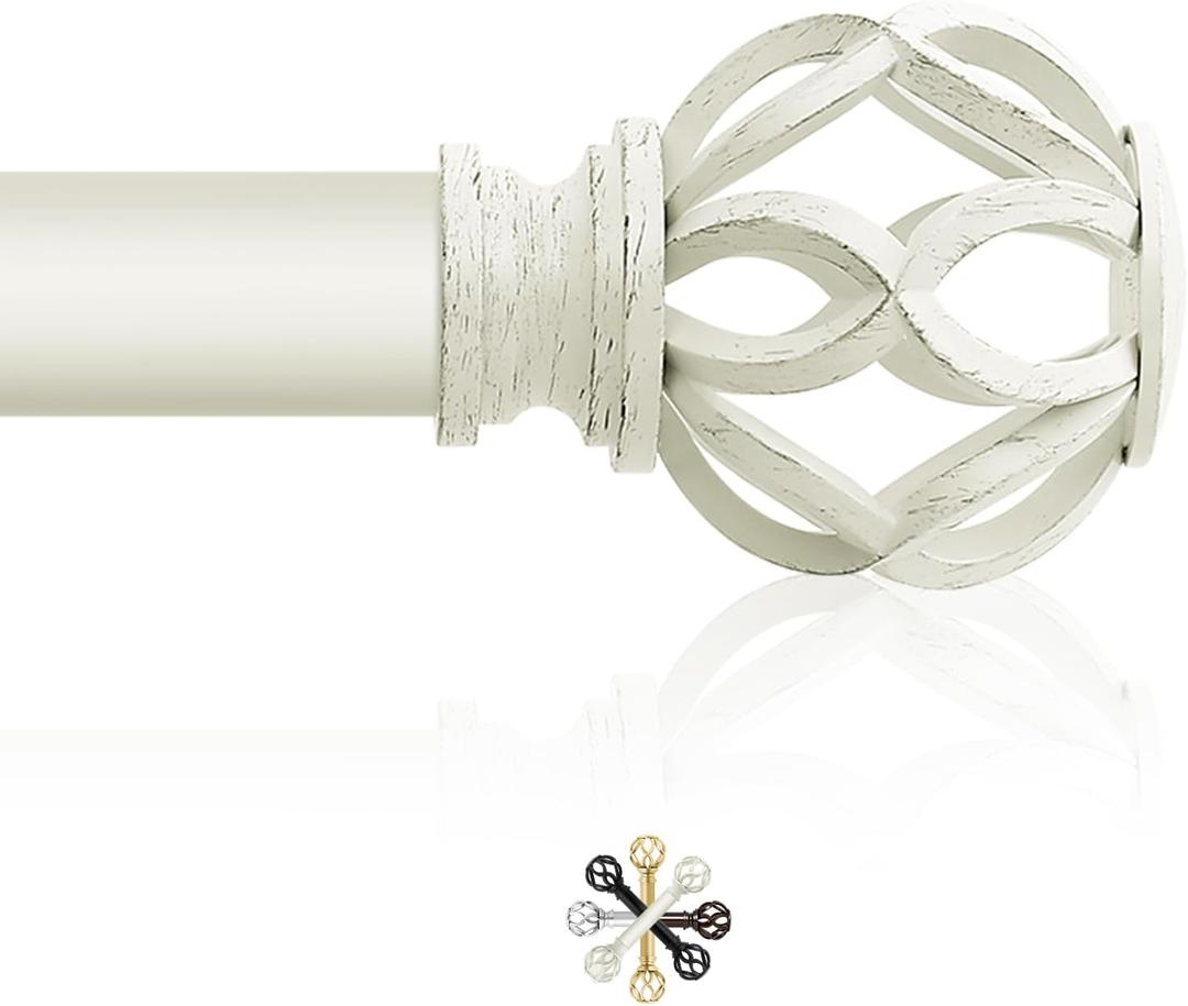 White Decorative Farmhouse Curtain Rod:36-88"Adjustable Heavy Duty Single Window Curtain Rod for Bedroom Living Room,Antique White Boho Rustic Drapery Rods with Vintage Twist Finial Easy Install