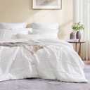 Boho White Queen Comforter, Queen Lightweight Comforter, Pinch Pleat Fluffy Farmhouse Bed Comforter