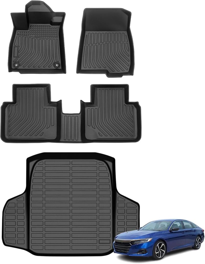 Floor Mats & Cargo Liner for 2018-2022 Honda Accord & Honda Accord Hybrid, All Weather Automotive TPE Floor Liners Set Anti-Slip Waterproof Accessories (Car Mats+Trunk Mat) Black