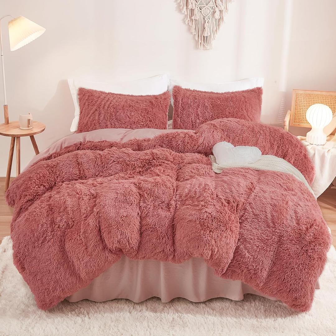 annadaif Fluffy Duvet Cover Full Size, Old Pink Plush Shaggy Faux Fur Comforter Cover Velvet Bedding Set with Zipper Closure(1 Duvet Cover, 2 Pillowcases)