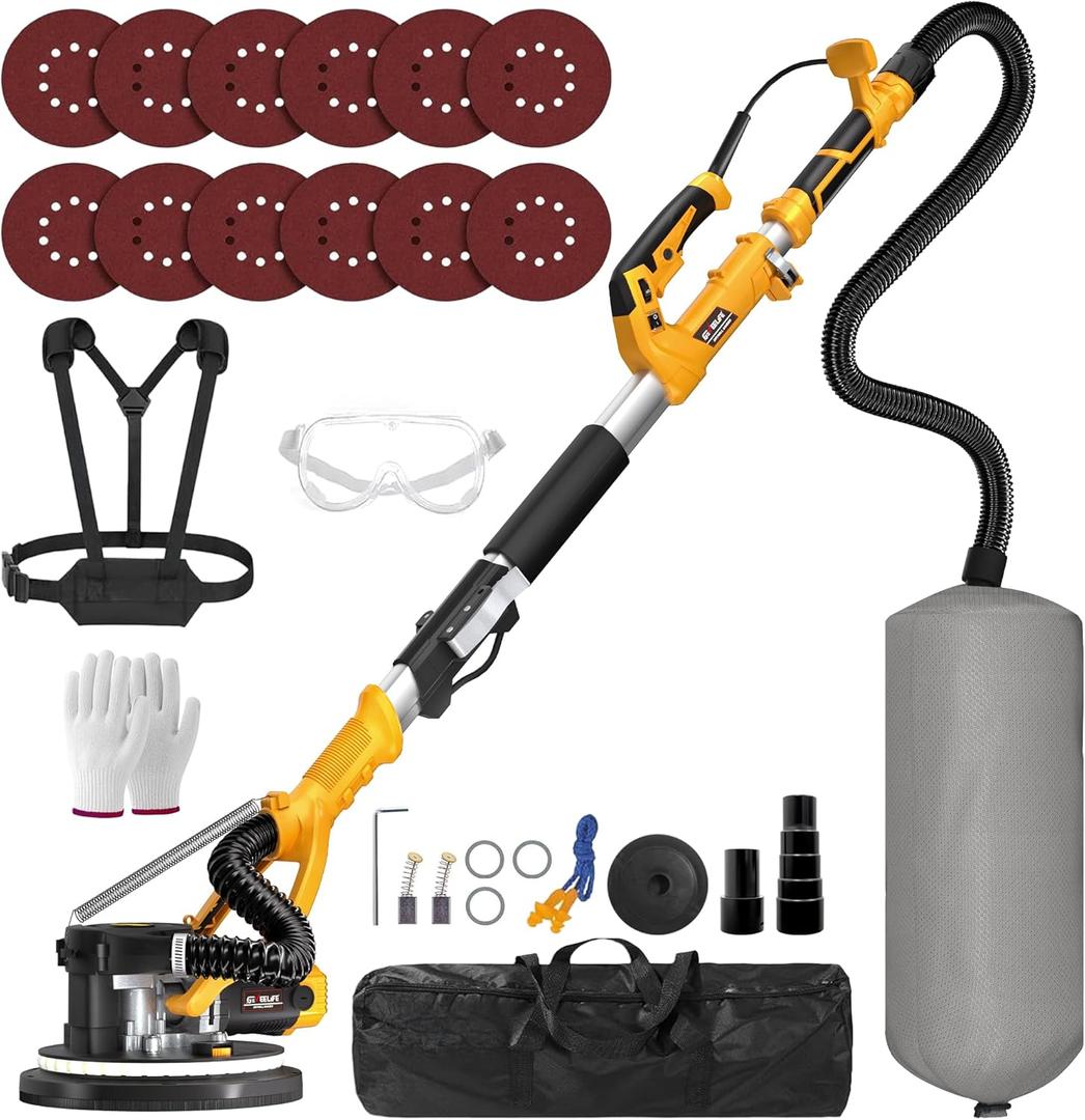Drywall Sander, 880W 7.33A Electric Drywall Sander with Vacuum Dust Collector, 5 Variable Speed 1000-2100RPM, LED Light, Foldable & Extendable Handle, 12 Sanding Discs