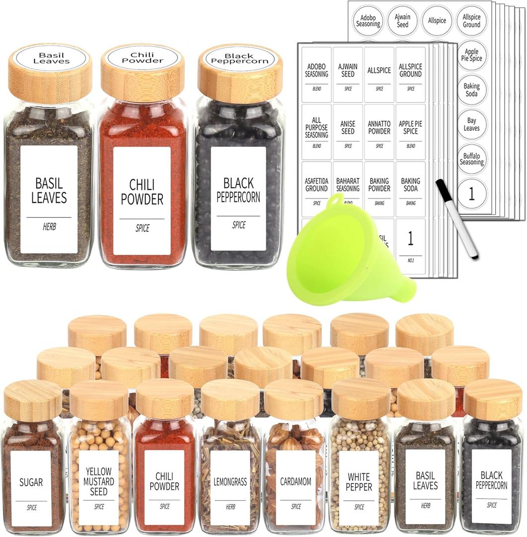SWOMMOLY 24 Glass Spice Jars with 366 Labels, 6 oz Spice Jars with Bamboo Lids, Empty Bottles with Shaker Lids, Spice Containers with White Spice Labels,Chalk Marker, Funnel