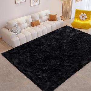 FinRec Soft Black Rugs for Bedroom Living Room, 4x6 Feet Modern Indoor Fluffy Shaggy Area Rug, Non-Slip Fuzzy Furry Rug for Nursery Kids Room Dorm Room Home Decor, High Pile Plush Floor Carpet (4x6 Feet, Black)