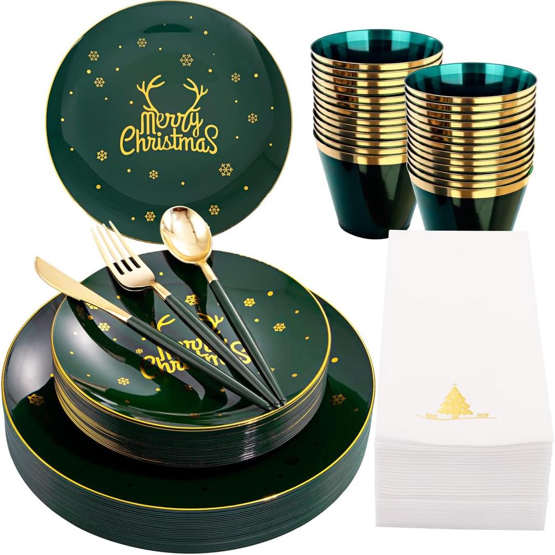 Nervure 175PCS Christmas Plastic Plates - Green and Gold Disposable Plates & Gold Plastic Silverware with Green Handle include 50 Plates 25Knives 25Forks 25Spoons 25Napkins for Christmas Party