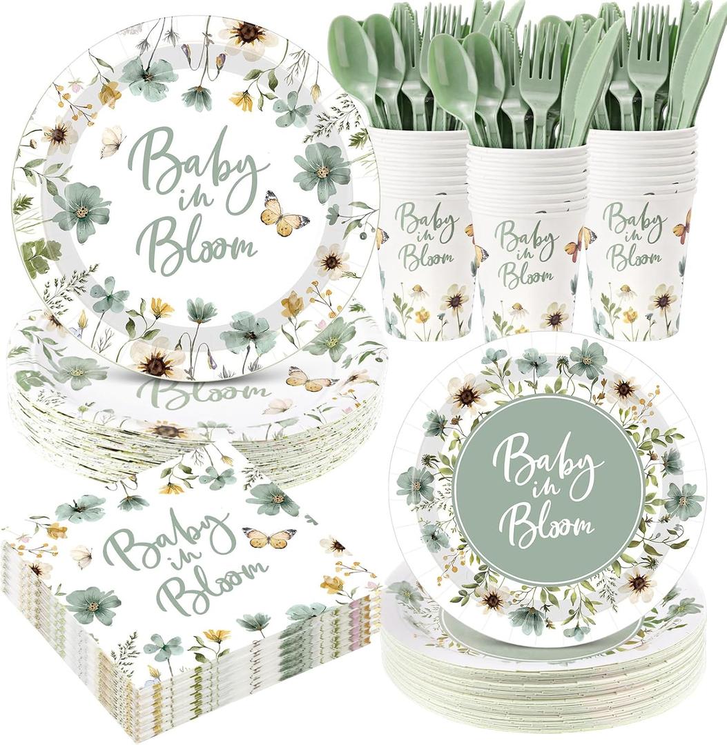 Funnymoom 400 Pcs Baby in Bloom Party Supplies for 50 Guests Green Floral Baby Shower Paper Plates and Napkins Knives Spoon Fork Cup Disposable Wildflower Dinner Party for Spring Greenery Favor