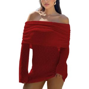 Unybwonn Women's Off Shoulder Mini Short Dress Bodycon Long Sleeve Crochet Sexy Going Out Mesh Elegant Sweater Dresses (Large, Red)