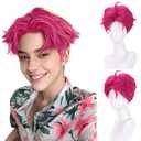 MAGQOO Boy Hot Pink Wig Men Short Straight Fluffy Hot Pink Wig Cartoon Movie Halloween Cosplay Costume Animie Wigs