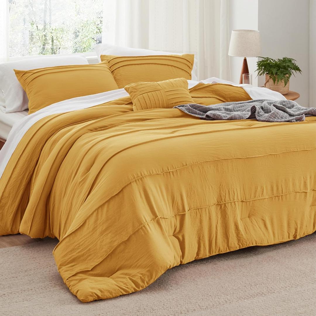 Bedsure Queen Comforter Set - 4 Pieces Pinch Pleat Bed Set, Mustard Yellow Boho Bedding for All Season, 1 Soft Comforter, 2 Pillowcases, 1 Decorative Pillow