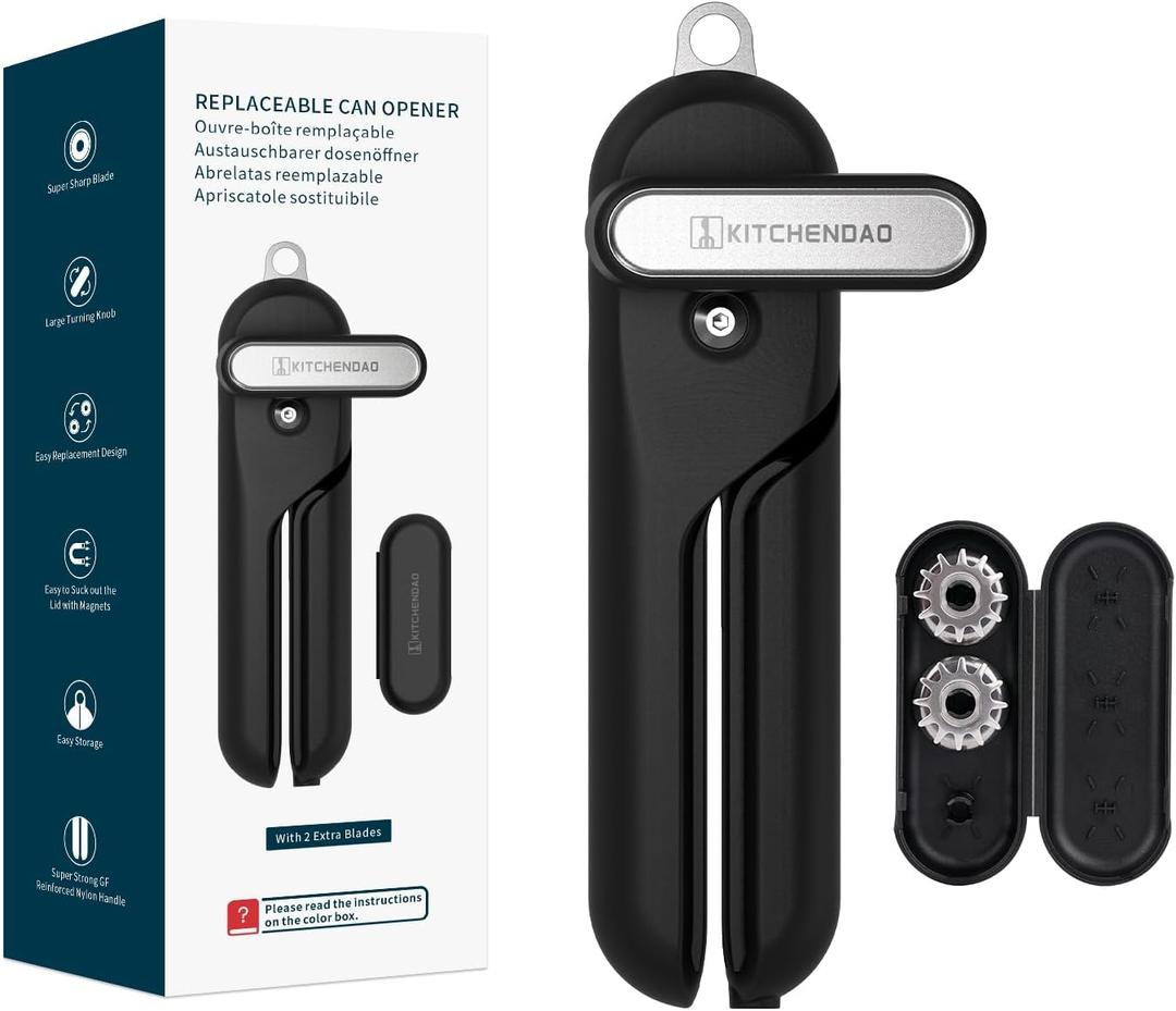 KITCHENDAO Replaceable Can Opener with 2 Extra Blades, Super Sharp Manual Can Opener with Magnet, Smooth Edge Cut Handheld Tin Opener, Large Turning Knob for Seniors & Arthritis, Black