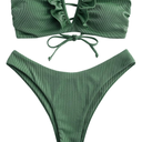 ZAFUL Women's Strapless Ribbed V Wired Lace Up Ruffle Tie High Cut Bandeau Swimsuits Bikini Set S