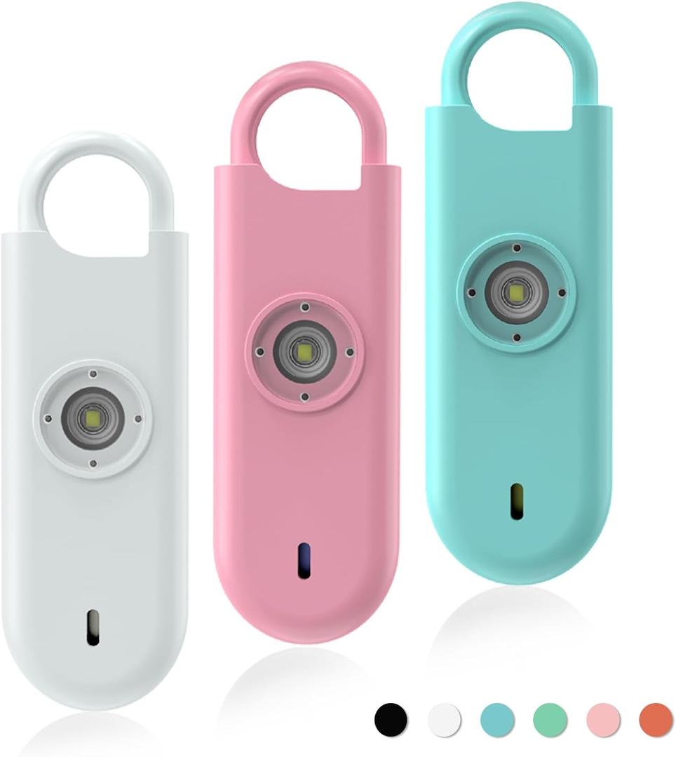 Fauxomor 140dB Personal Safety Alarm for Women, 3 Pack Safe Alarm Protection Keychain with Strobe Light & Low Battery Notice, Security Siren Self Defense for Seniors College Girls, White,Pink,Blue