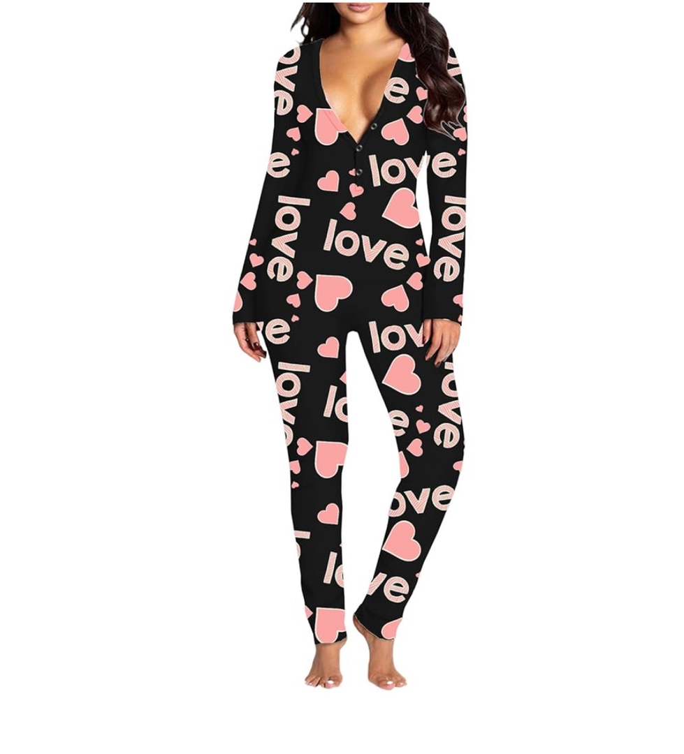 Women Sexy Bodycon Onesie Pajama Heart Print Long Sleeve Button V Neck Jumpsuit One Piece Romper Valentines Sleepwear, Small