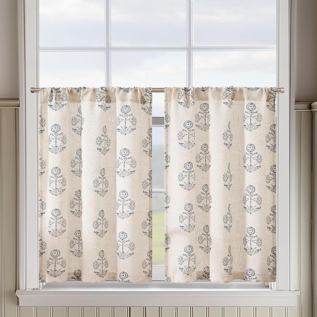 jinchan Linen Kitchen Curtains 36 Inch Floral Tier Curtains Farmhouse Cottage Core Flax Cafe Rod Pocket Country Small Window Drapes for Laundry Room Bathroom RV 2 Panels Blue on Beige, 26"W x 36"L