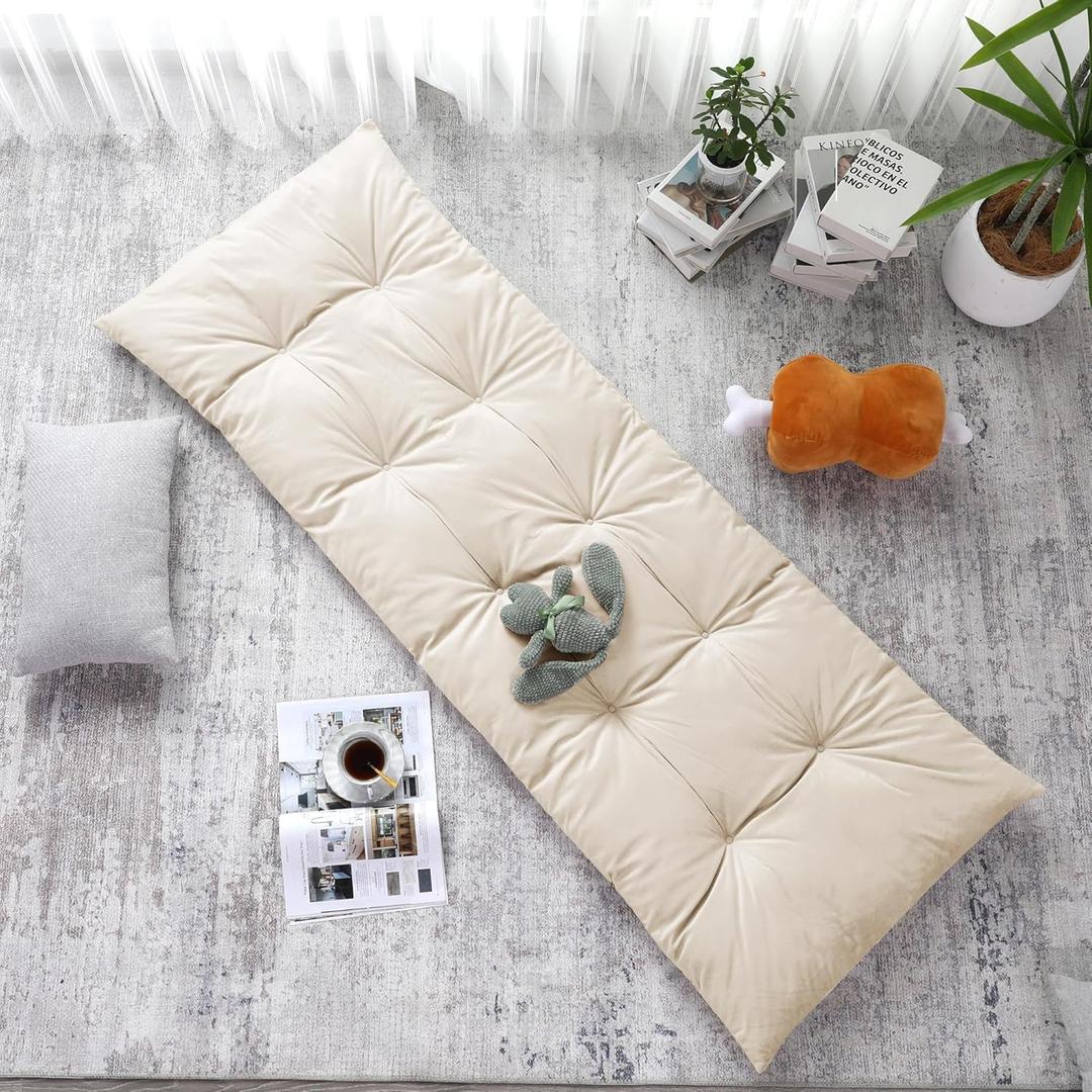 HOMBYS Floor Lounger Pillow Foldable and Tufted Design Long Floor Cushion for Yoga, Reading, Sleeping, Meditation, Elastic Band for Roll Up and Easy Storage, Machine Washable (Beige, 74"x27")