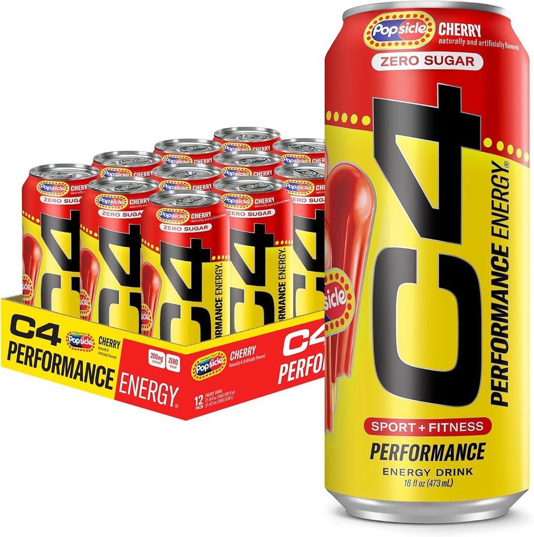 C4 Performance Energy Drink, Cherry Popsicle, Zero Sugar Carbonated Preworkout Energy, 200mg Caffeine with Beta Alanine, 16 Fl Oz (12 Pack) (EXP 04/01/26)