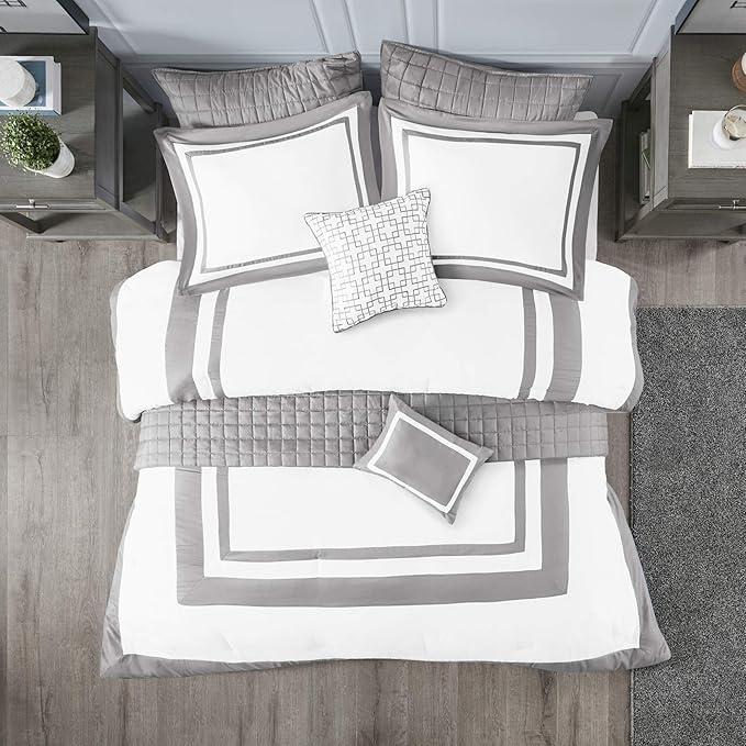 Madison Park Heritage Comforter Quilt Combo Set - Modern Luxury Design, All Season Down Alternative Bedding, Matching Shams, Decorative Pillows, King/Cal King(104"x92"), Color Block Grey 8 Piece