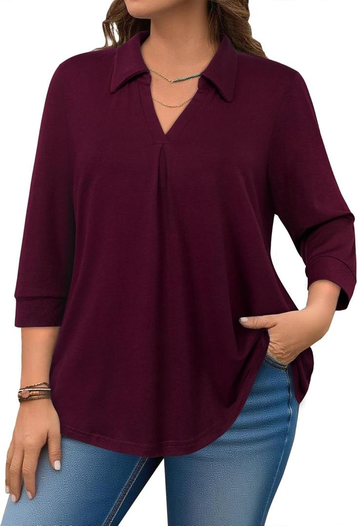 Amrto Womens Plus Size Shirts Collar Tops 3/4 Sleeve V Neck Blouse Loose Fit Soft Casual Business(XL) (Red)