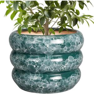 SQOWL Ceramic Planter for Indoor Plants - 10 Inch Plant Pot Indoor with Drainage Hole Large Pot for Plants Outdoor Flower Pot for Patio Decorations Outdoor Green Gemstone 
