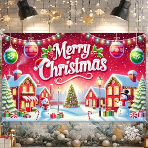 Merry Christmas Banner 71x43 Inches Winter Wonderland Village Snowman Christmas Tree Holiday Decoration Red House Snow Scene Indoor Outdoor Wall Hanging Party Yard Dcor