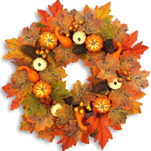 Fall Wreaths for Front Door, 18 Inch Fall Wreath with Berry, Maple Leaves and Pine Cone, Falls Door Wreath, Mantel Room, Falls Home Decor