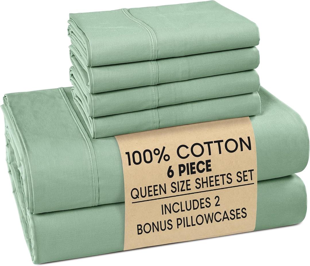 Casa Platino Queen Bed Sheets  100% Cotton Sheets with 4 Pillowcases, Crisp Percale Weave & Cozy Feel, Cooling & Breathable Queen Sheet Set with 15" Deep Pocket, Excellent Quality & Fit  Sage Green