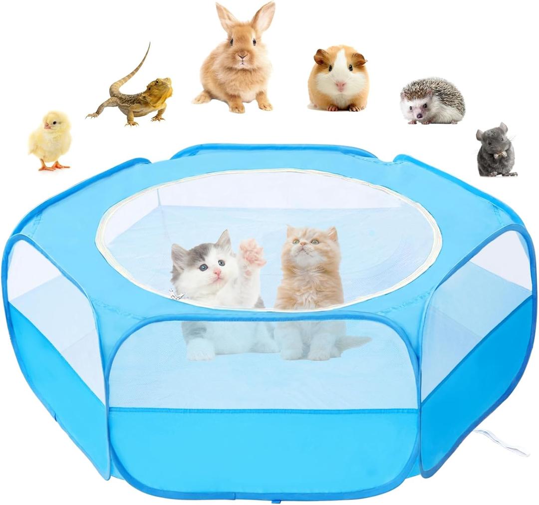 Small Animal Playpen with Cover, Portable Pop Up Pet Enclosure for Rabbits, Guinea Pigs, Hamsters, Chinchillas, Ferrets & Kittens, Indoor Outdoor Waterproof Play Pen, Cage Tent & Chick Brooder Box (Sky Blue)