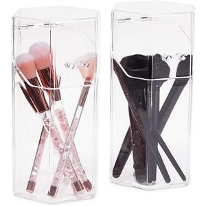 2-Pack Clear Acrylic Makeup Brush Holder with Lids - Covered Hexagon Cosmetic Organizer and Storage for Brushes, Mascara, Eyeliner, Beauty Supplies (4.3x3.9x8 in)