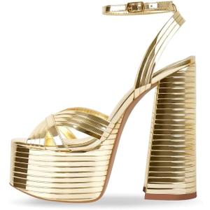 Onlymaker Platform Heels for Women Ankle Strap Chunky High Heel Sandals (8, Gold)