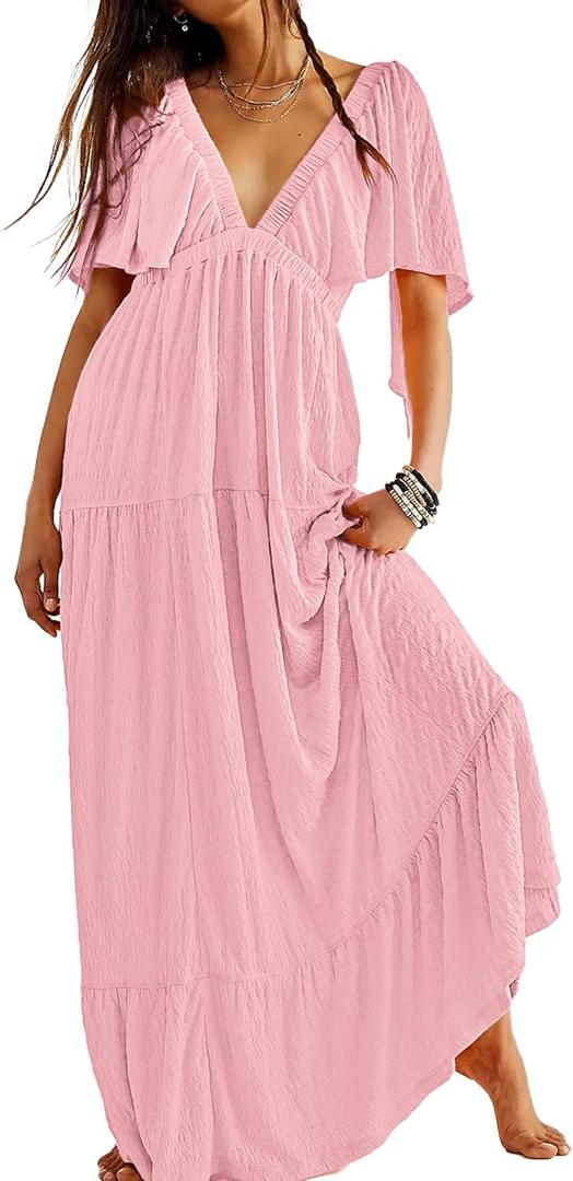 Kikibell Women Summer Dresses Sexy V-Neck Maxi Dress Tiered Silhouette with Flutter Sleeve Backless Elastic Waist Flowy Dress (Pink) L Kikibell Women Summer Dresses Sexy V-Neck Maxi Dress Tiered Silhouette with Flutter Sleeve Backless Elastic Waist Flowy Dress (Pink) L