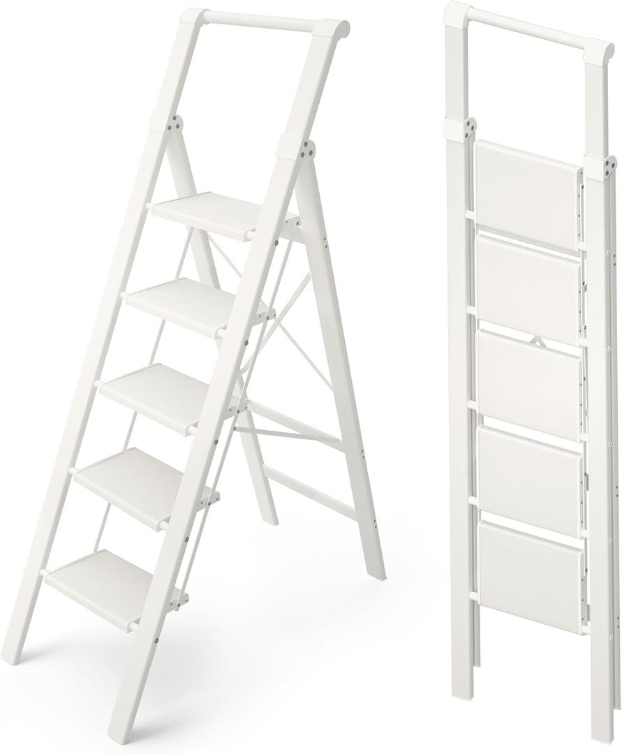 HillhutApex 5 Step Foldable Aluminum Step Ladder with Handgrip, Anti-Slip Pedal, 330 lbs Capacity, Lightweight & Portable for Home, Kitchen, Office, Garage (White), 18.5"W x 61"H