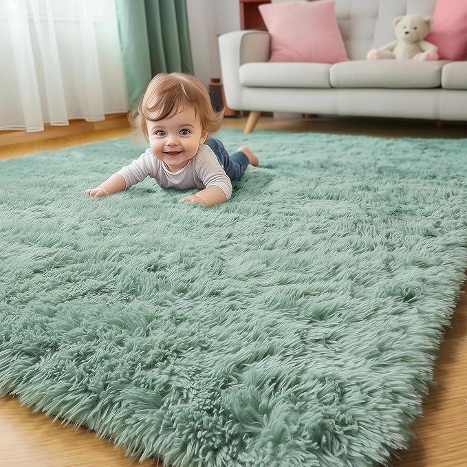 Sage Green Rugs for Bedroom Living Room Aesthetic, Fluffy Furry Area Rug 5x8 for Nursery, Classroom, Teen Boys, Baby Kids Room Decor, Cute Shaggy Carpet for Playroom Dorm, Fuzzy Plush Light Mint Rug