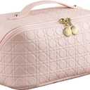 Travel Makeup Bag, Large Capacity Cosmetic Bag Portable Toiletry Bag for Women, PU Leather Waterproof Makeup Organizer Bag with Divider (Pink)