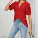 PerZeal Women's Summer Tops Tunic V Neck Ruffle Half Sleeve Blouses Short Sleeve Casual Loose Tops T-Shirts Red Large