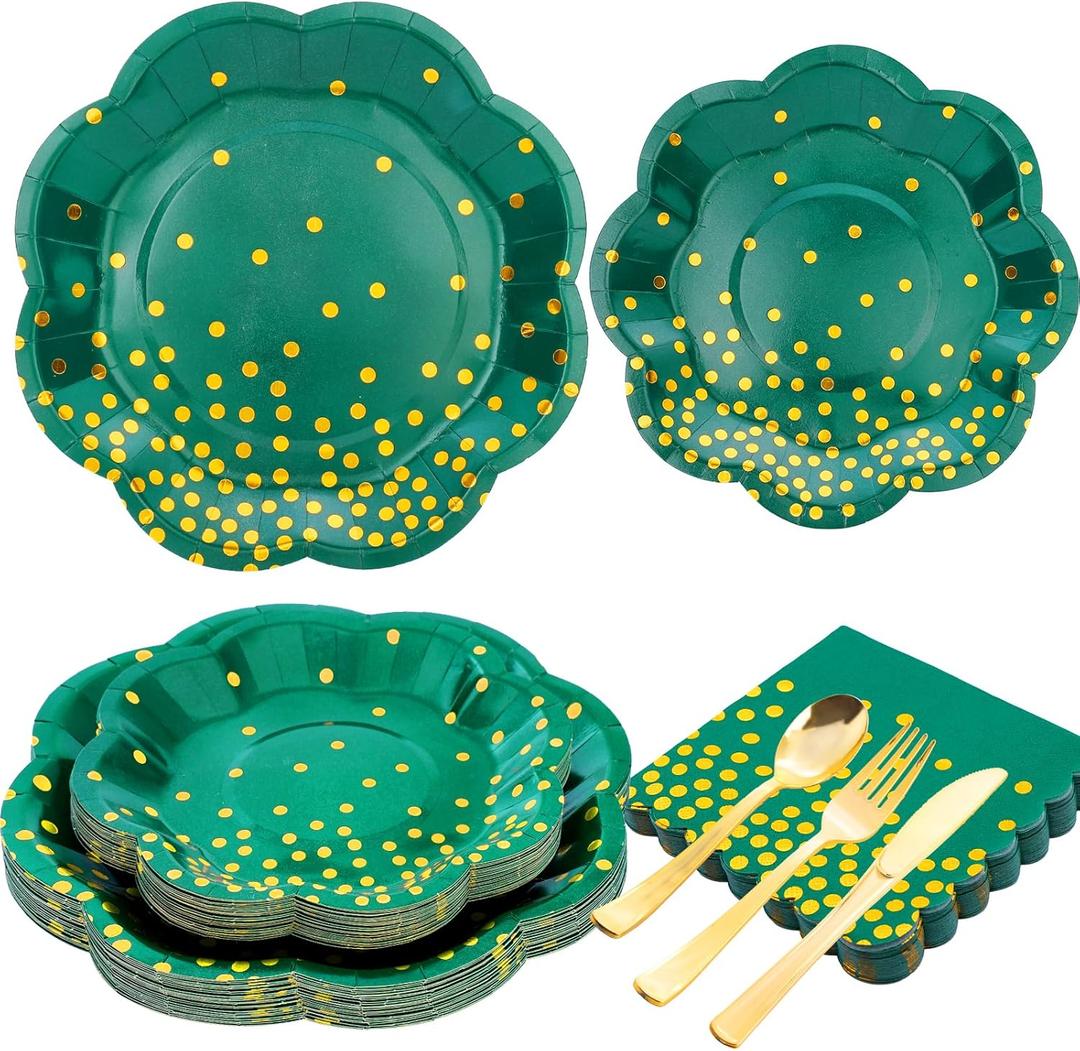 Green and Gold Party Decorations,Green Plates and Napkins Party Supplies for 25 Guests,Disposable Plates for Birthday Wedding Graduation Decorations