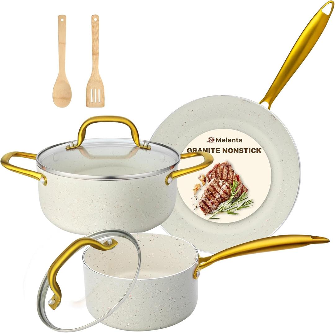 M MELENTA Pots and Pans Set Non Stick, 7 Piece White Granite Induction Cookware Set, Nonstick Kitchen Cooking Set with Gold Handle and Utensil, Oven Safe (PFOS, PFOA Free)