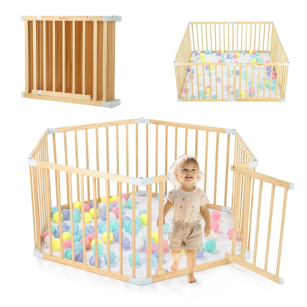 Wooden Playpen with Door, Changeable & Expandable Play Fence for Toddlers, Large Wood Playpen Safety Baby Gate Playard, Safe Play Area Kids Activity Center Indoor Outdoor(26" Tall, 6-Panel)