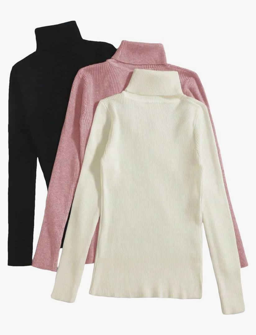 WDIRARA Women's 3Pcs Textured Turtleneck Ribbed Sweater Stretch Long Sleeve Casual Slim Fit Sweater Tops Size Medium