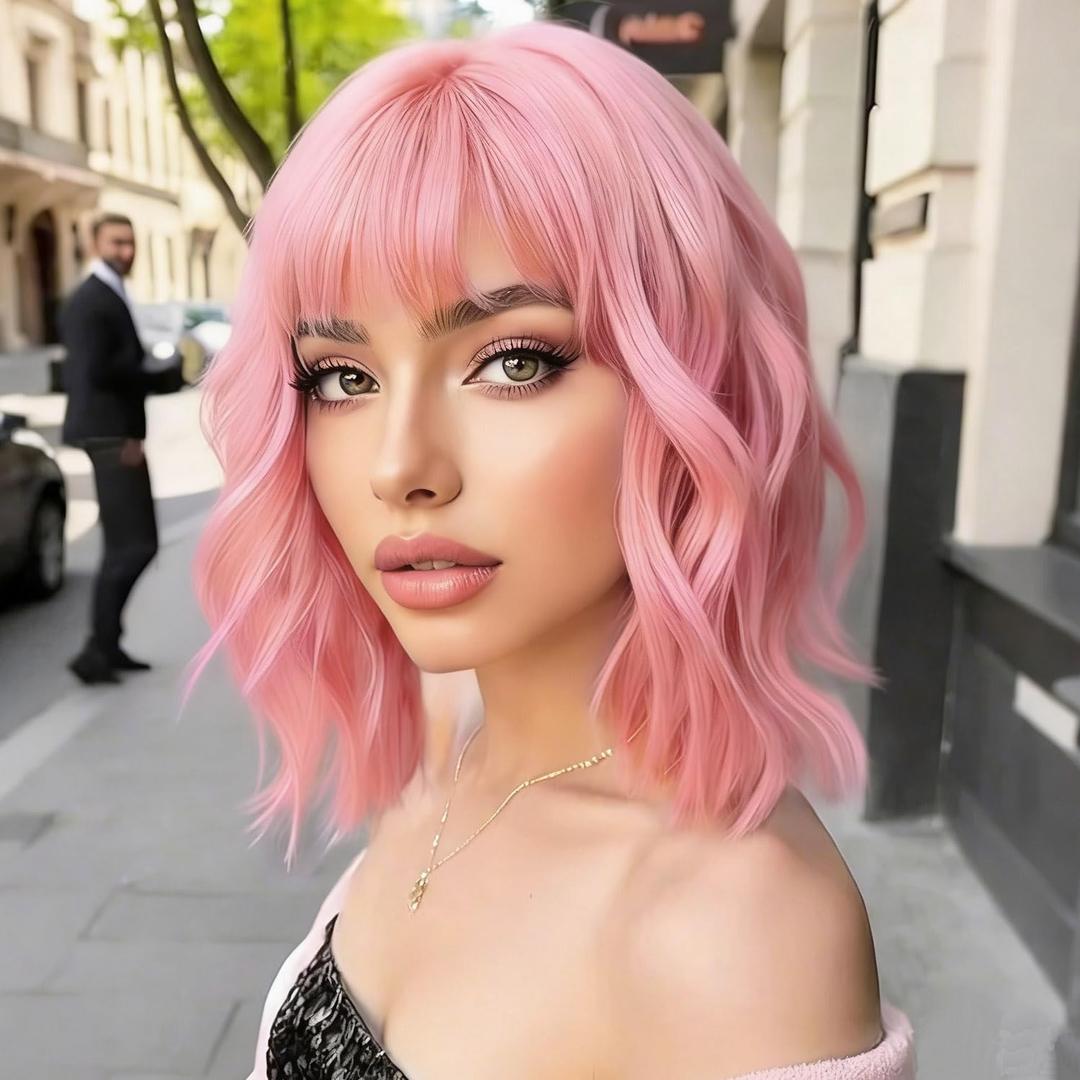 Bob Pink Wig for Women Short Wavy Pink Wigs with Bangs for Cosplay Party Daily Use - 14 Inch