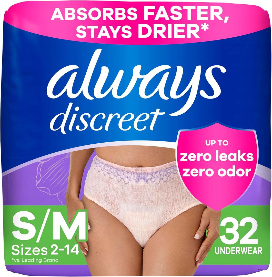Always Discreet Adult Diapers for Women, Incontinence Underwear, Drier Than Depends, Postpartum Essentials, Disposable Briefs, Max Absorbency, Bladder Leak Protection, Small/Medium, 32ct