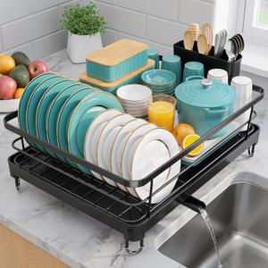 Sakugi Stainless Steel Dish Drying Rack for Kitchen Counter, Sink Organization and Storage Essentials with Silverware & Utensil Holder, Home and Apartment Decor, 12.5''W x 16.5'L, Black, Large - 12.5"W x 16.5"L