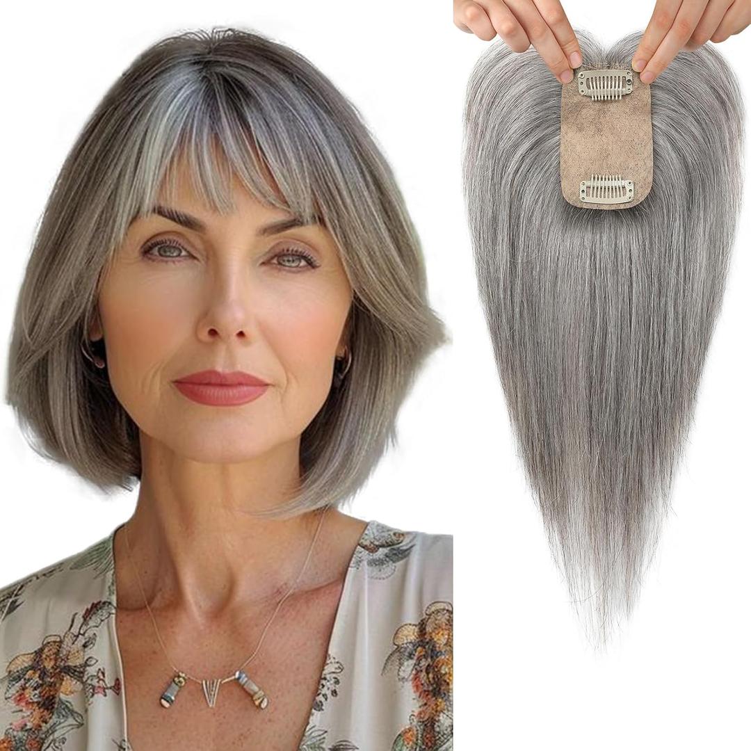 Flufymooz Real Human Hair Toppers for women, 10 Inch Clip in Bangs 100 Human Hair Toppers for Thinning Hair, Cover Hair Topper Hair Pieces with 150% Density Silk Base-Grey