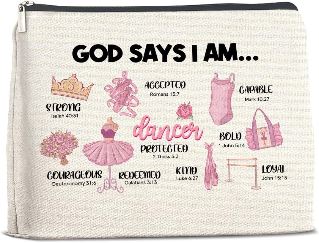3 x YeleY Inspirational Christian for Girls - Christian Religious Gifts - Motivational Dancer Ballerina Gift - God Says I Am Dancer Makeup Bag Cosmetic Bag Makeup Zipper Pouch (EXP 05/16/29)