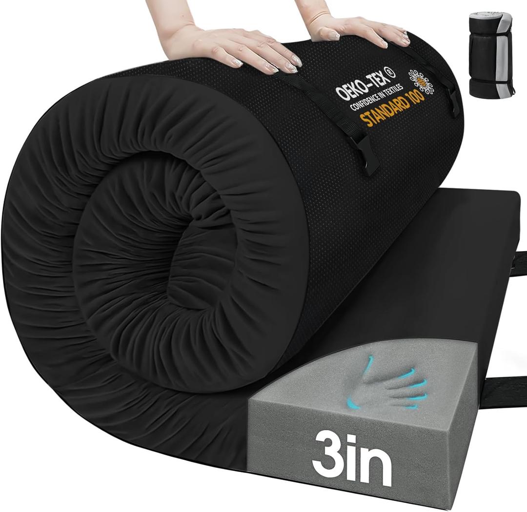 CYMULA Memory Foam Camping Mattress Pad,3inch Sleeping Pad for Camping,Non-Slip Bottom Floor Cot Car Mattress Bed with Retaining Portable Roll up Mattress Pad Mat for Travel Truck Guest Bed Tent (Twin XL:80*38*3, BLACK)