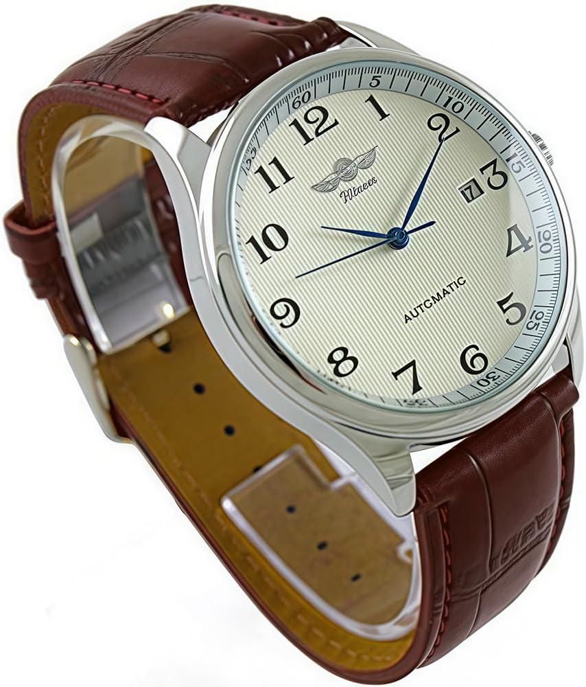 MASTOPMen's Automatic Mechanical Watch Business Casual Leather Wristwatches Waterproof Sport Chronograph (brown white)