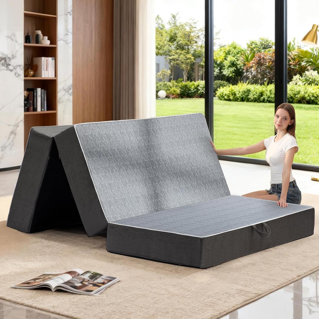 Tri Folding Mattress Queen Size - 6 Inch Dual-Layer Memory Foam Foldable Mattress Portable Floor Bed Sofa with Removable Washable Cover, Handle & Non-Slip Bottom for Travel,RV,Camping,Guest,Yoga