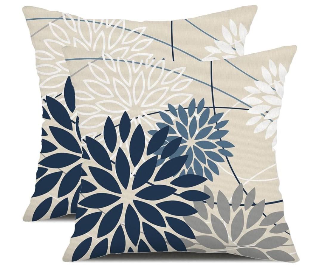 Blue and Gray Floral Pillow Covers 20x20 Set of 2 Outdoor Waterproof White Colored Decorative Throw Pillows Summer Pillowcase Polyester Cushion Case Decor for Couch Patio Funiture Garden Porch 01B20