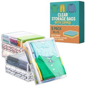 Houseables Sweater Bags Moth Proof, Clothing Storage Bags, with Zipper, Sweater Storage, Clear Zippered Organizers, Clothes, Blanket, Linen, Bedding, Quilt, Vinyl Plastic Protectors, 18x15x4”, 5 Pack.