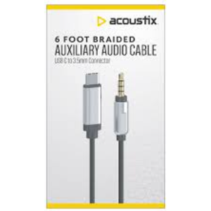 Acoustix 6-foot braided auxiliary audio cable with a USB-C to 3.5mm connector.