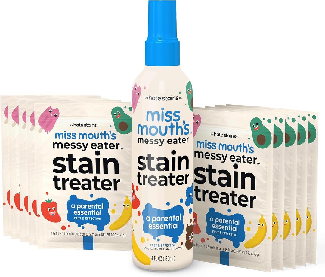 Miss Mouth's Messy Eater Stain Treater Spray - 4oz & 10 Wipes Stain Remover - Newborn & Baby Essentials - No Dry Cleaning Food, Grease, Coffee Off Laundry, Underwear, Fabric (11 Piece Set)